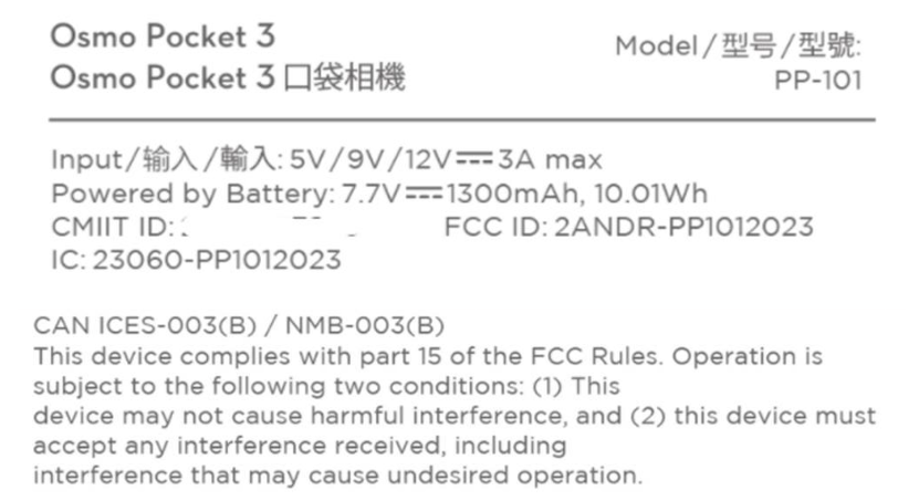 DJI Pocket 3 FCC label