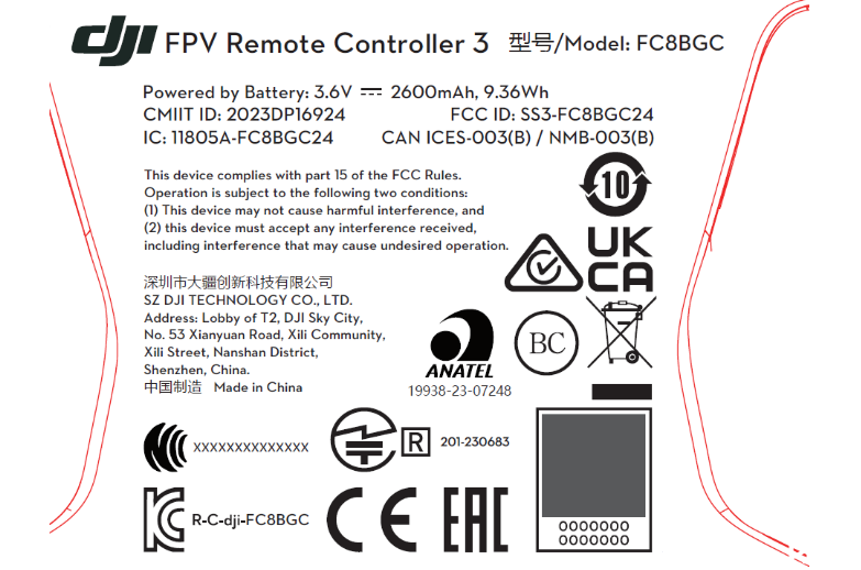 DJI FPV Remote Controller 3 FCC label